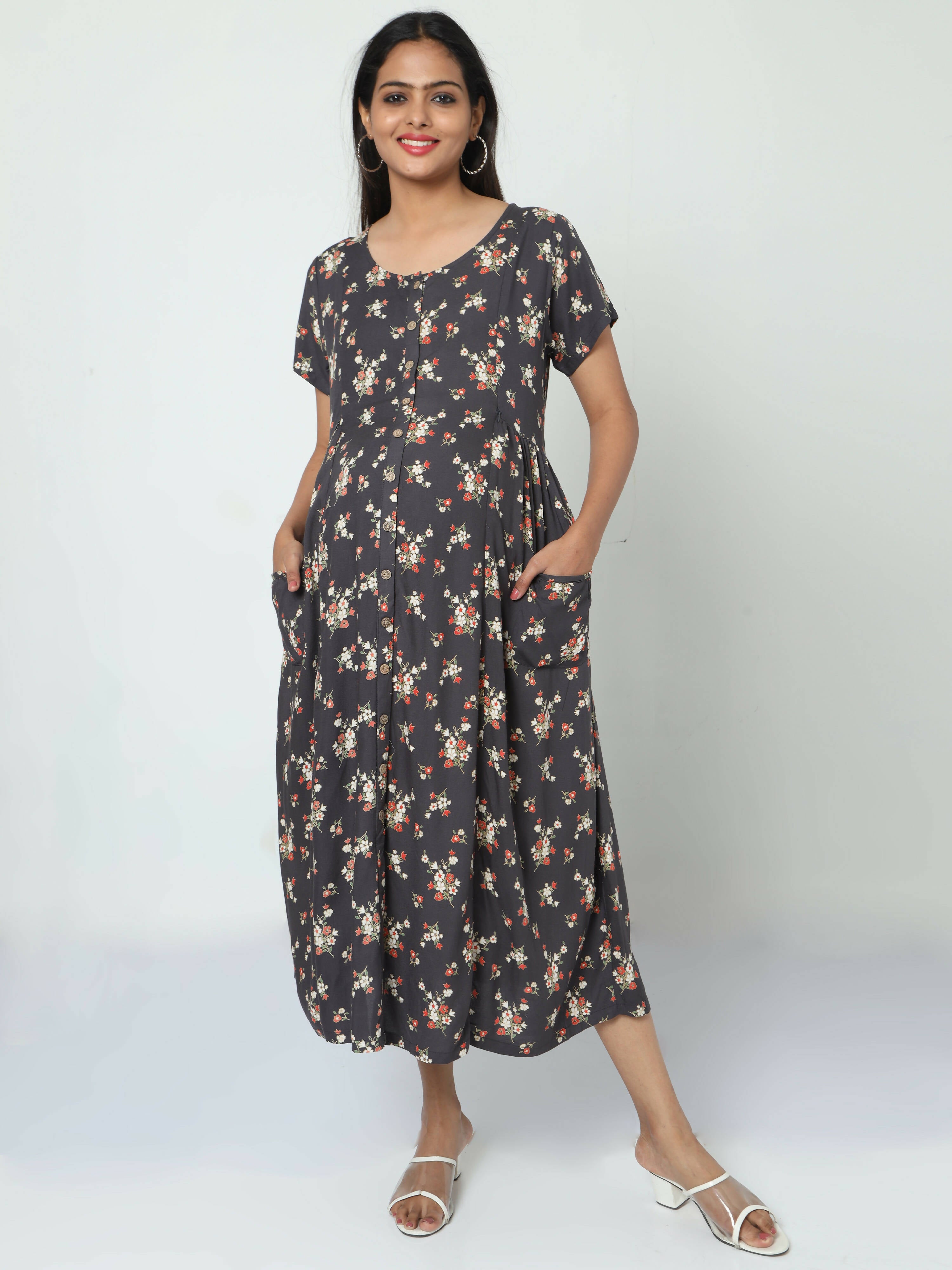 Manet Short Sleeves Maternity Dress Floral Print With Concealed Zipper Nursing Access - Navy Blue - Distacart