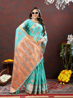 Thumbnail for Lorenvalley Fashion Skyblue Cotton with Woven Design Zari Weaving Saree - Distacart