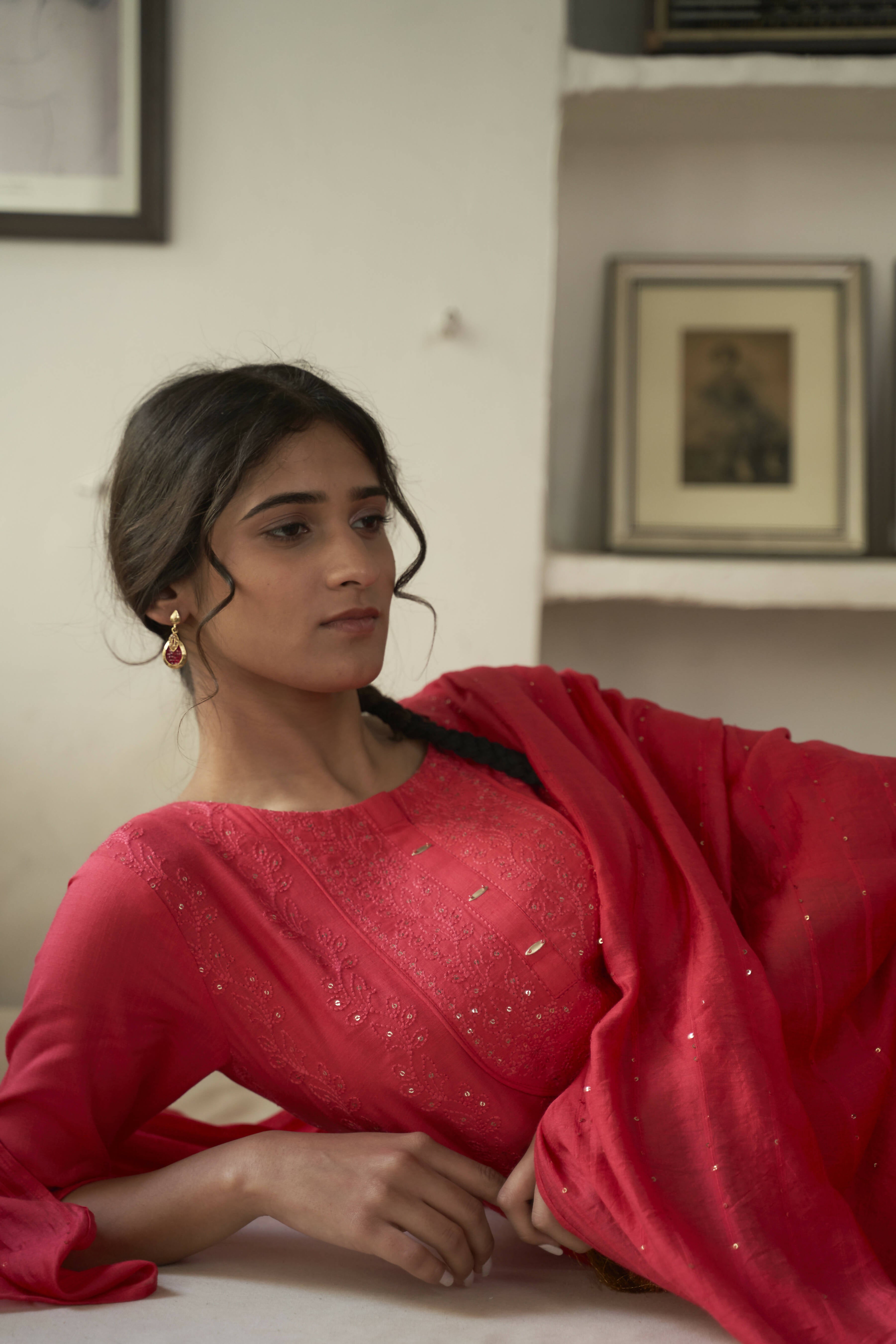 Red Rayon Sequence Embroidery work Straight kurta with Pant & Dupatta - Akashara - Distacart