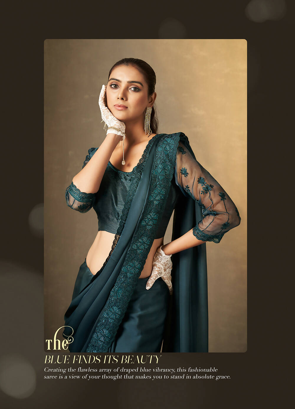Teal Satin Silk Floral Embroidered with Swaroski Work Saree With Unstitched Blouse Piece - Norita Royal Erisha - Distacart