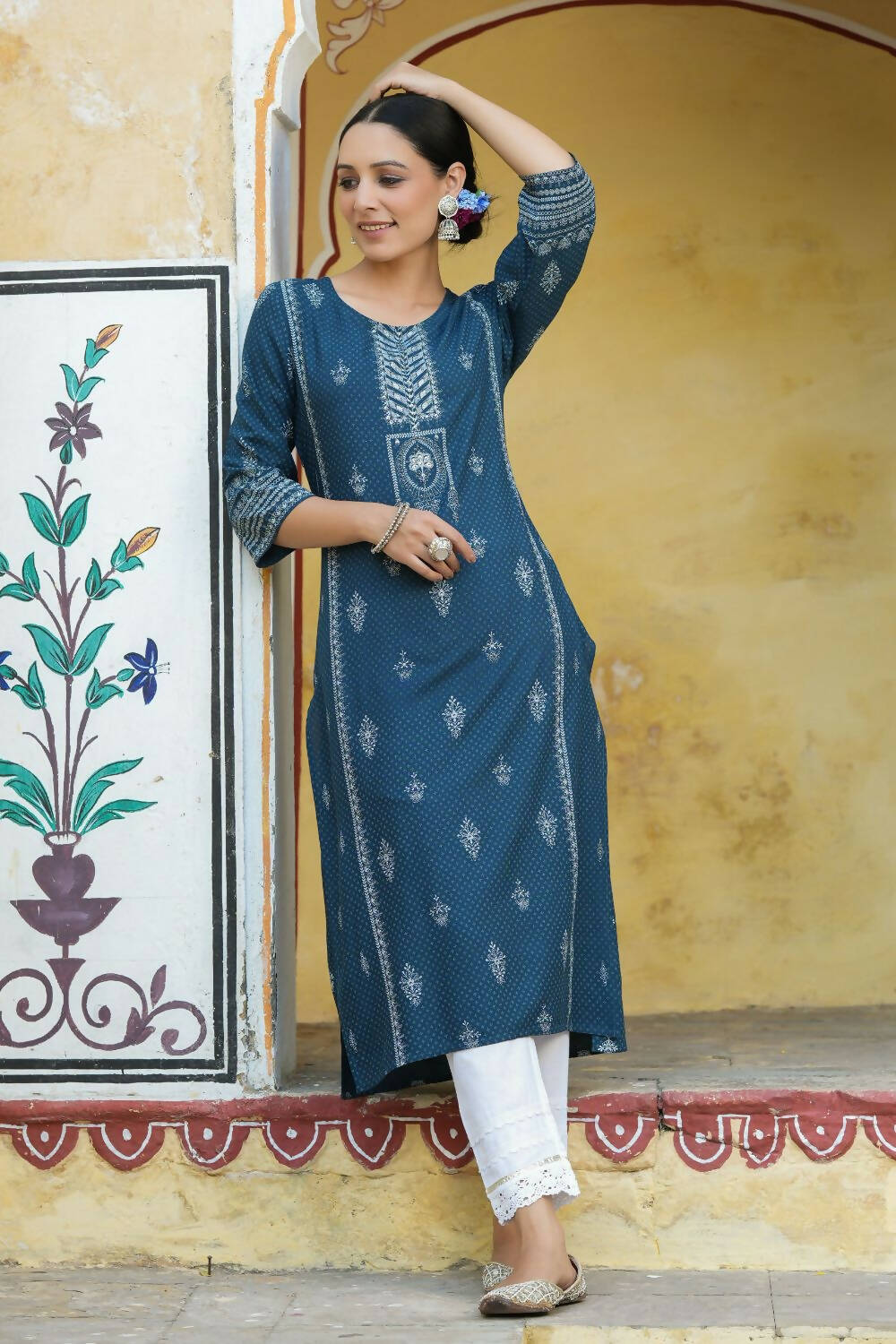 Juniper Women's Blue Rayon Staple Printed Straight Kurta - Distacart