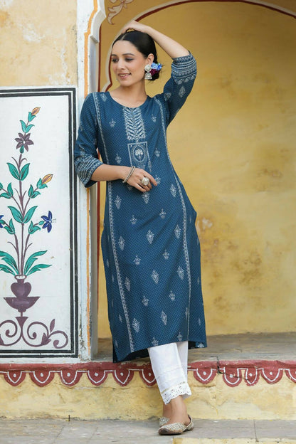Juniper Women's Blue Rayon Staple Printed Straight Kurta - Distacart