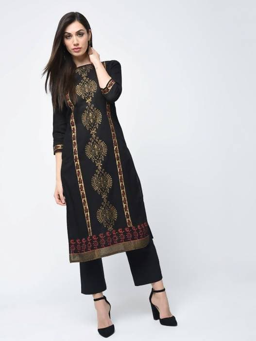 Aniyah Cotton Block Printed Latest Black Straight Kurta (AN-122K)