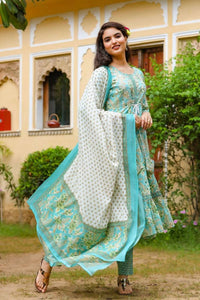 Thumbnail for Yufta Blue Printed Tiered Kurta with Trouser and Dupatta