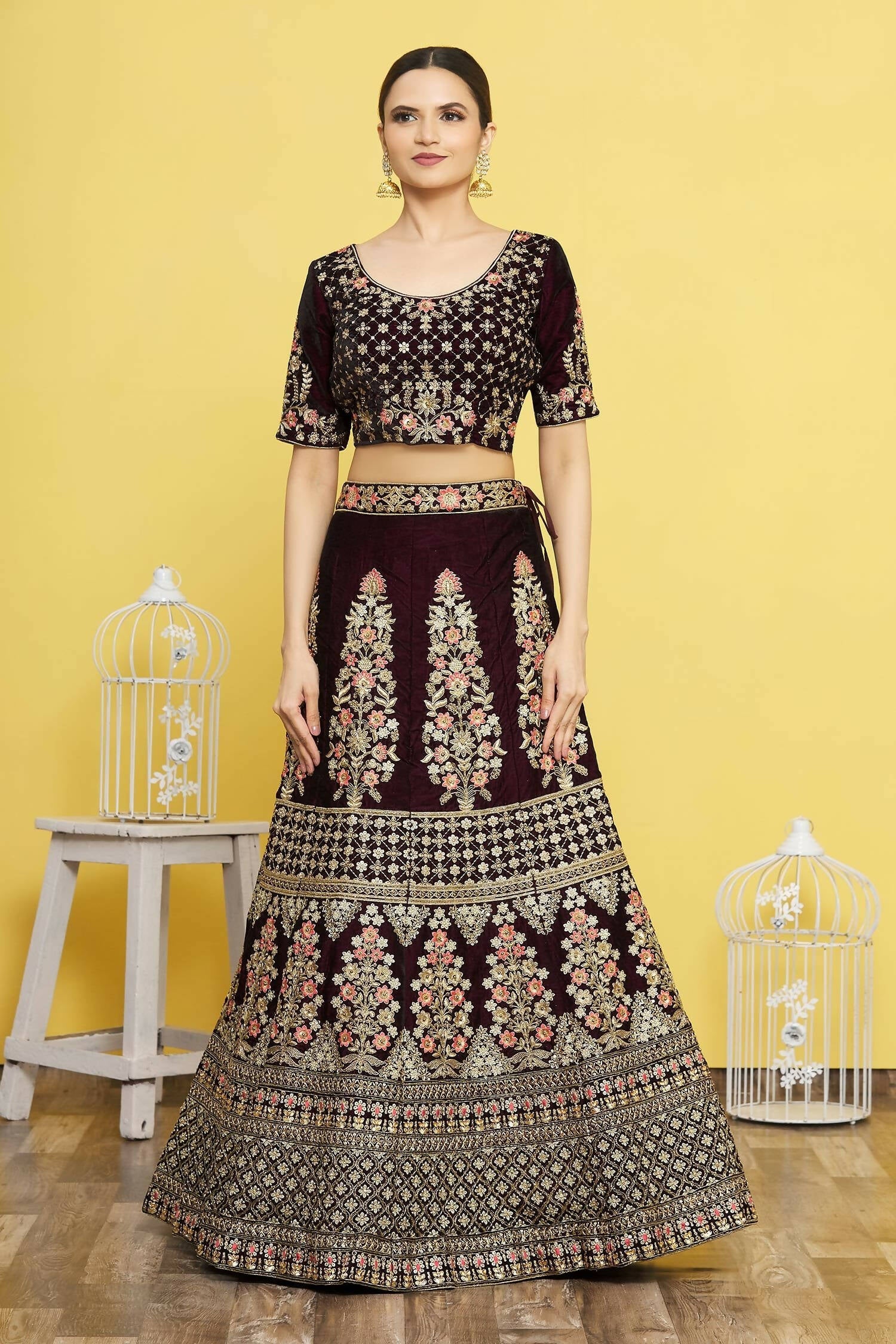 Wine Velvet Semi-Stitched Wedding Bridal Lehenga - Nimaya - Distacart