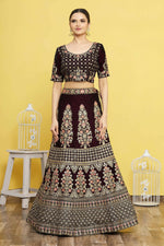 Thumbnail for Wine Velvet Semi-Stitched Wedding Bridal Lehenga - Nimaya - Distacart
