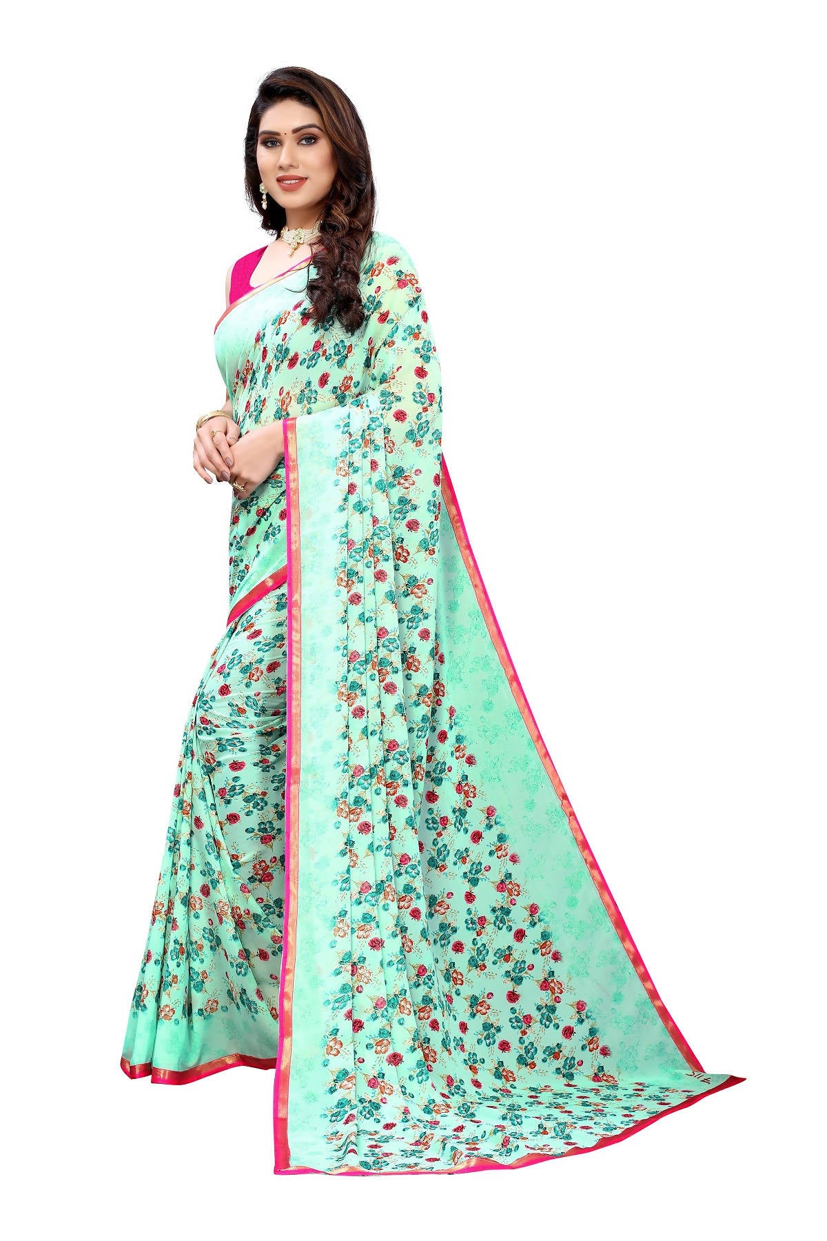 Vamika Ethnic Fire Green Printed With Lace Saree - Distacart