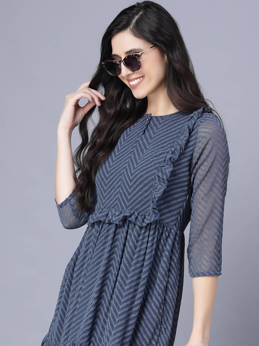 Myshka Georgette Solid 3/4 Sleeve Round Dark Grey Women Dress - Distacart