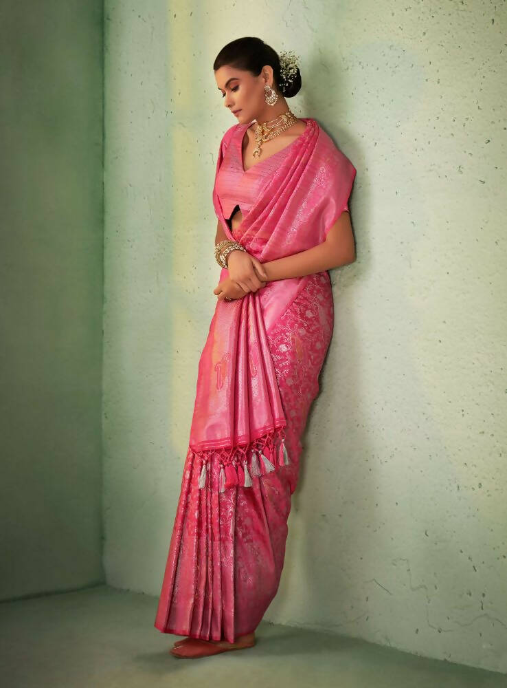 Glorious Designer Pink Color Kanjivaram Silk Saree With Weaving Work - Yomika Fashions - Distacart