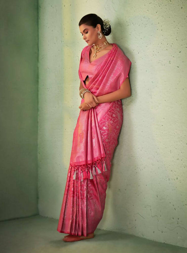 Glorious Designer Pink Color Kanjivaram Silk Saree With Weaving Work - Yomika Fashions - Distacart
