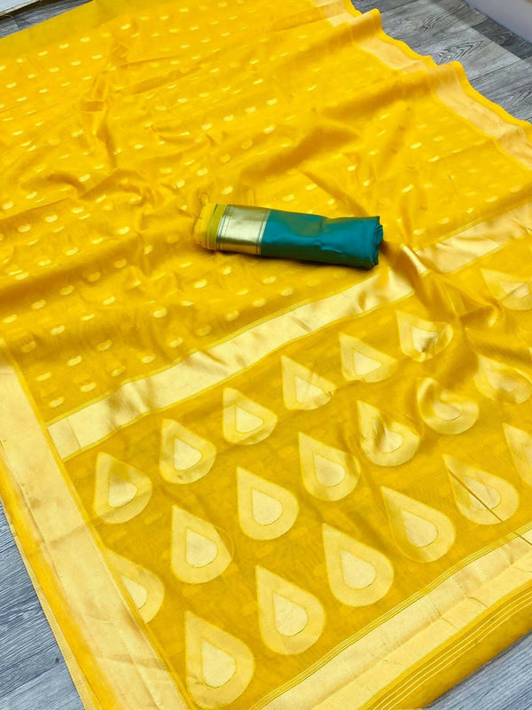 DEIANA'S Beautiful Golden Jari with New Design Soft Lichi Silk Saree - Yellow - Distacart