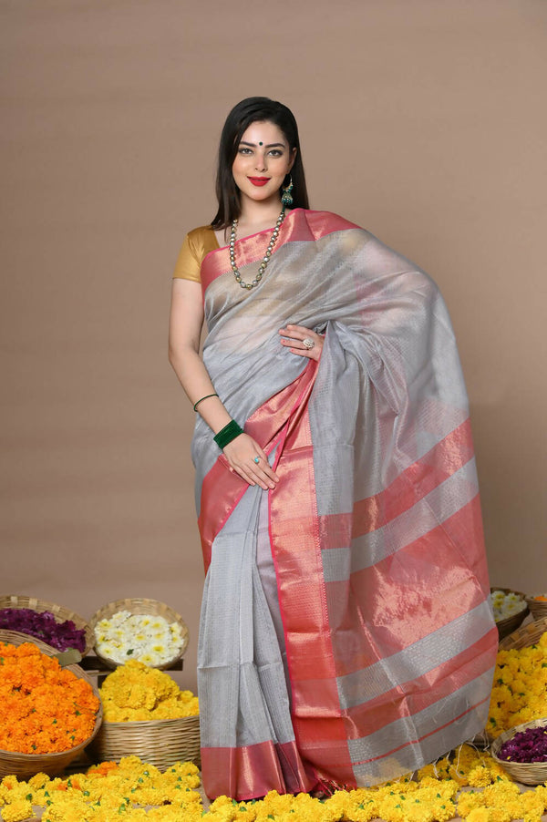 Very Much Indian Rajsi - Handloom Ari Checks Cotton Silk Saree With Golden Border - Grey - Distacart
