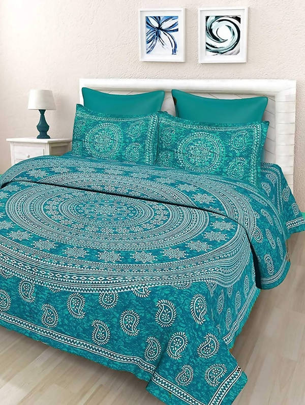 Vamika Printed Cotton Sea Green Bedsheet With Pillow Covers (LEOC_3_SG) - Distacart