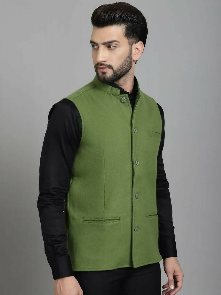 Even Apparels Nehru Jacket With Welt Pockets - Olive - Distacart