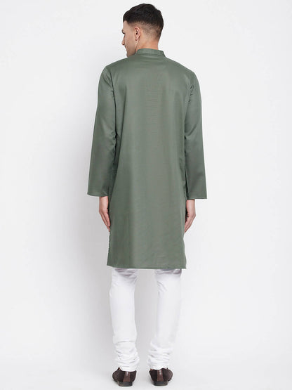 Even Apparels Green Color Linen Men's Kurta With Band Collar - Distacart