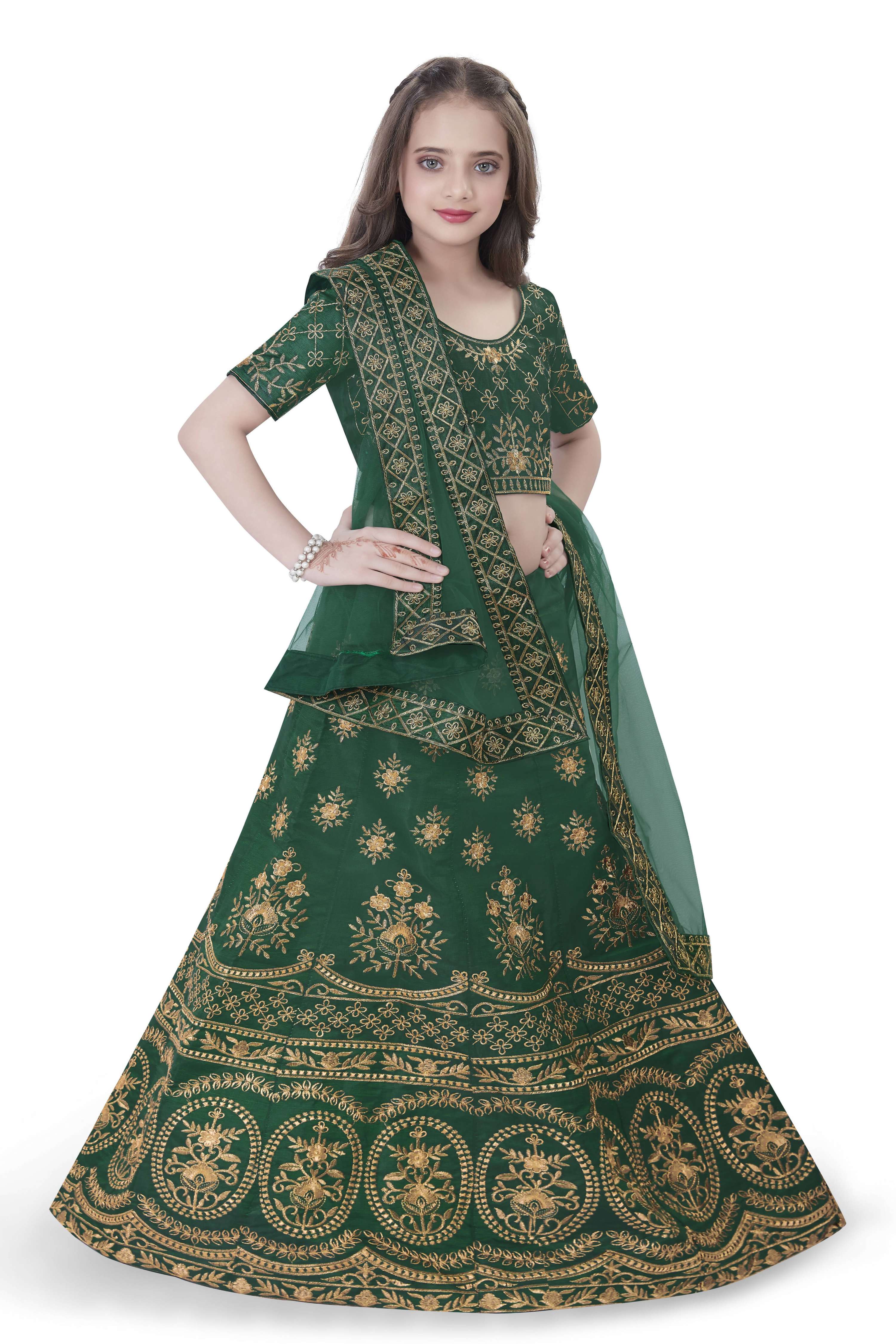 Dwiden Green Lehriyu Tafetta Sattin Semi-Stitched Girl's Lehenga Choli - Distacart