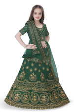 Thumbnail for Dwiden Green Lehriyu Tafetta Sattin Semi-Stitched Girl's Lehenga Choli - Distacart