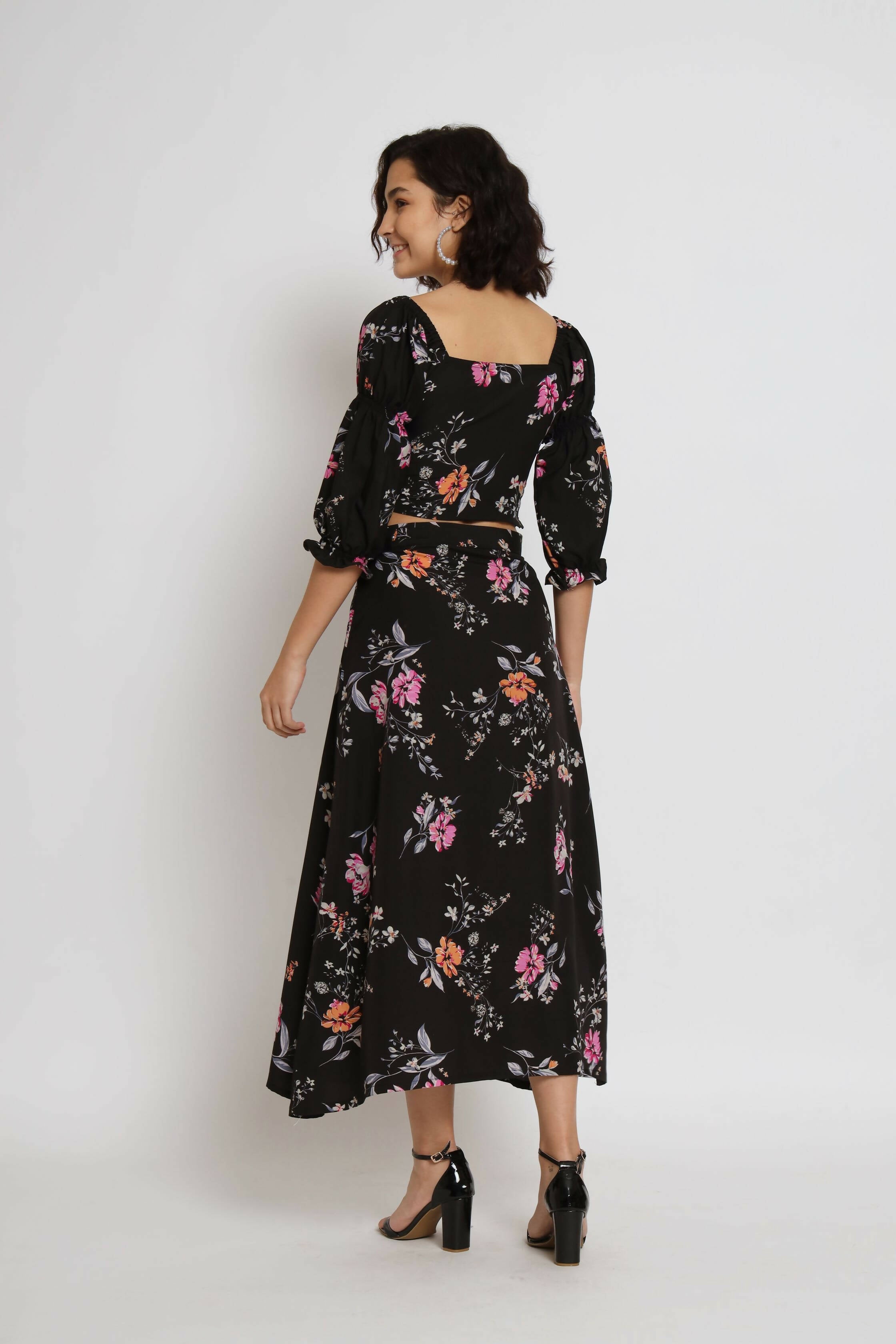 Black Crepe Floral Printed Top with Matching Skirt - Shivani - Distacart