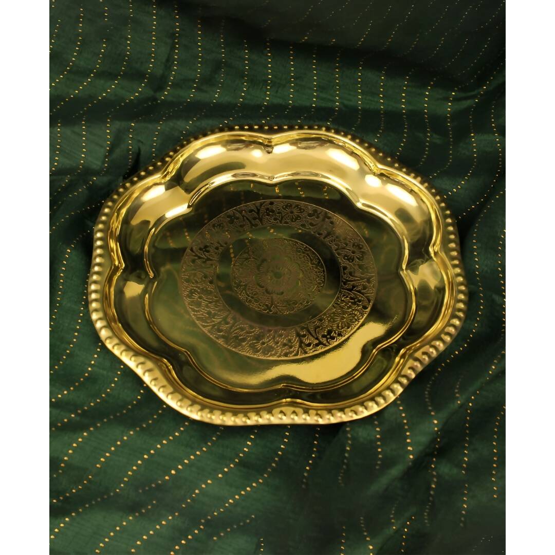 Spillbox Gold-Toned Brass Engraved Zig Zag Thali Pooja Essential - Distacart
