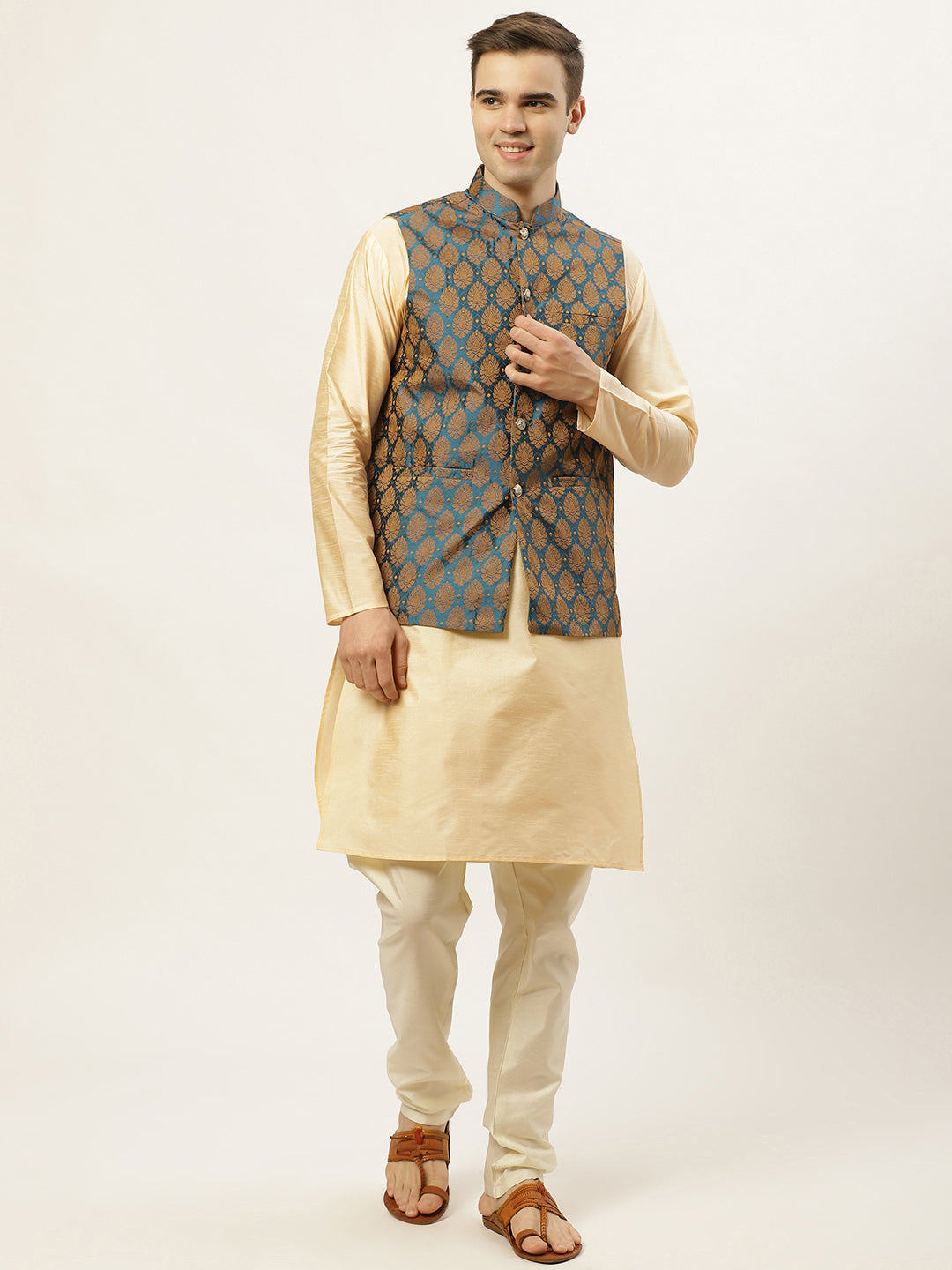 Jompers Men's Golden Dupion Silk Kurta with Churidar & Nehru Jacket ( Blue ) - Distacart