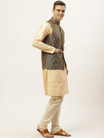 Thumbnail for Jompers Men's Golden Dupion Silk Kurta with Churidar & Nehru Jacket ( Blue ) - Distacart