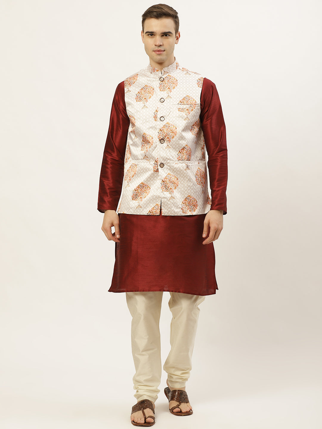 Jompers Men's Solid Dupion Kurta Pajama with Printed Nehru Jacket (White) - Distacart