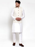 Thumbnail for Jompers Men's Solid Dupion Kurta Pajama with Embroidered Nehru Jacket (Beige) - Distacart