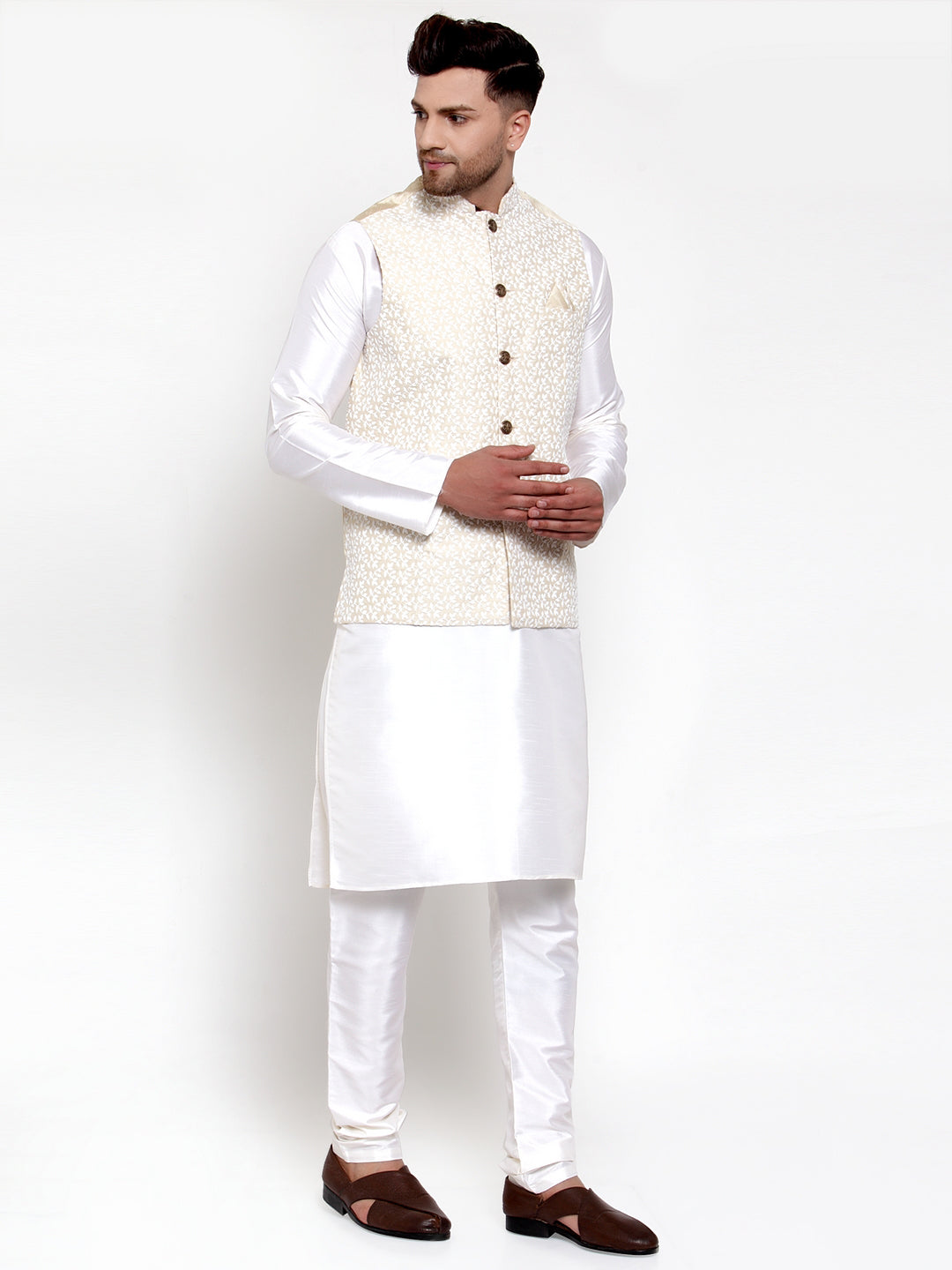 Jompers Men's Solid Dupion Kurta Pajama with Embroidered Nehru Jacket (Beige) - Distacart
