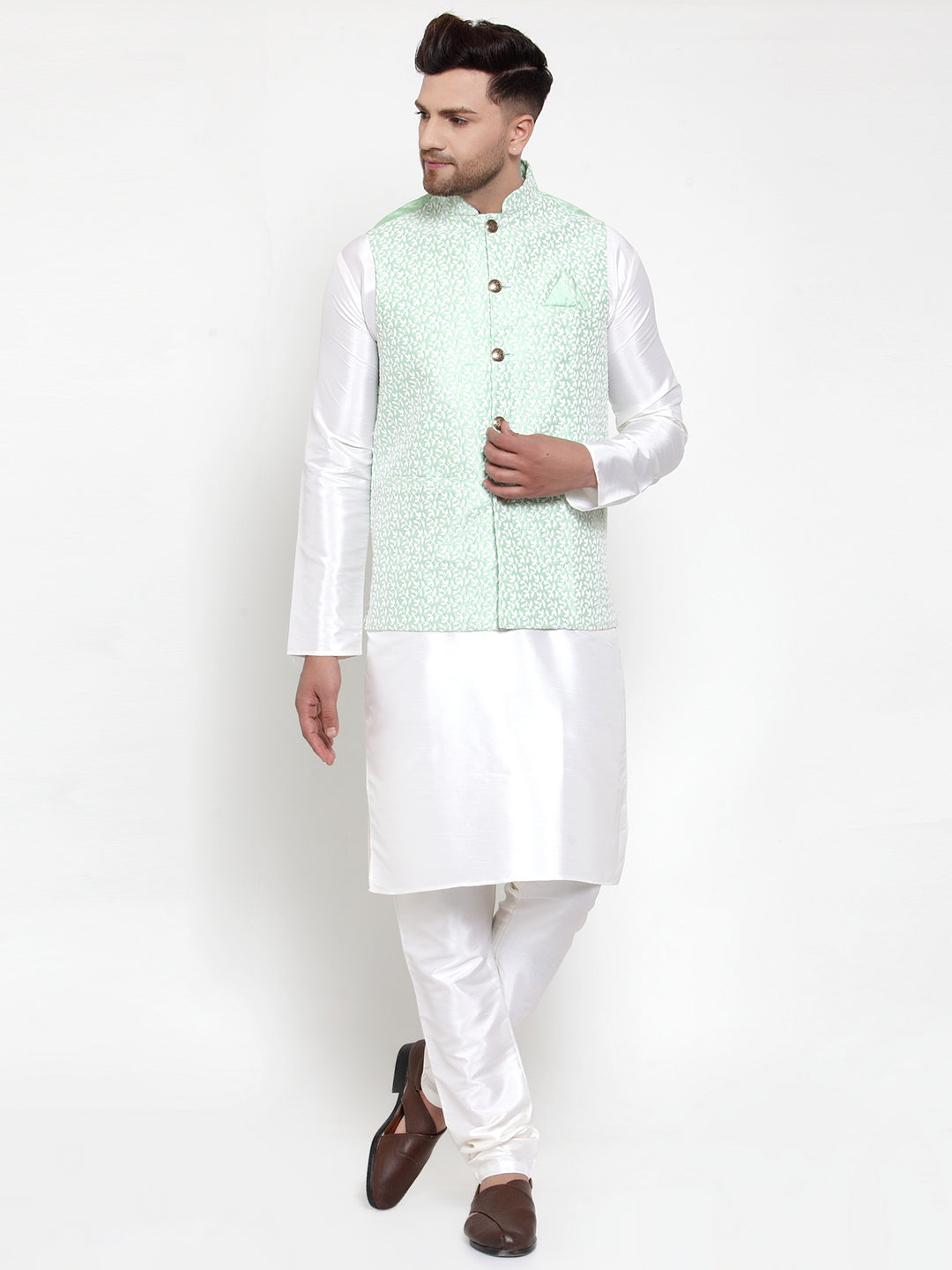 Jompers Men's Solid Dupion Kurta Pajama with Embroidered Nehru Jacket (Light-Green) - Distacart