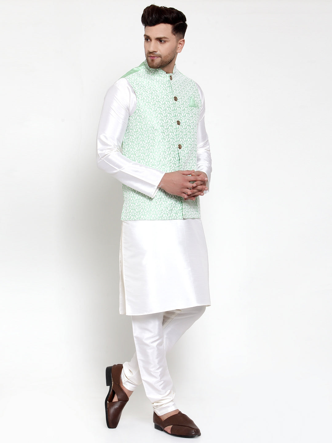 Jompers Men's Solid Dupion Kurta Pajama with Embroidered Nehru Jacket (Light-Green) - Distacart