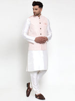 Thumbnail for Jompers Men's Solid Dupion Kurta Pajama with Embroidered Nehru Jacket (Pink) - Distacart