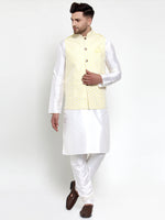 Thumbnail for Jompers Men's Solid Dupion Kurta Pajama with Embroidered Nehru Jacket (Yellow) - Distacart