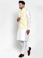 Thumbnail for Jompers Men's Solid Dupion Kurta Pajama with Embroidered Nehru Jacket (Yellow) - Distacart