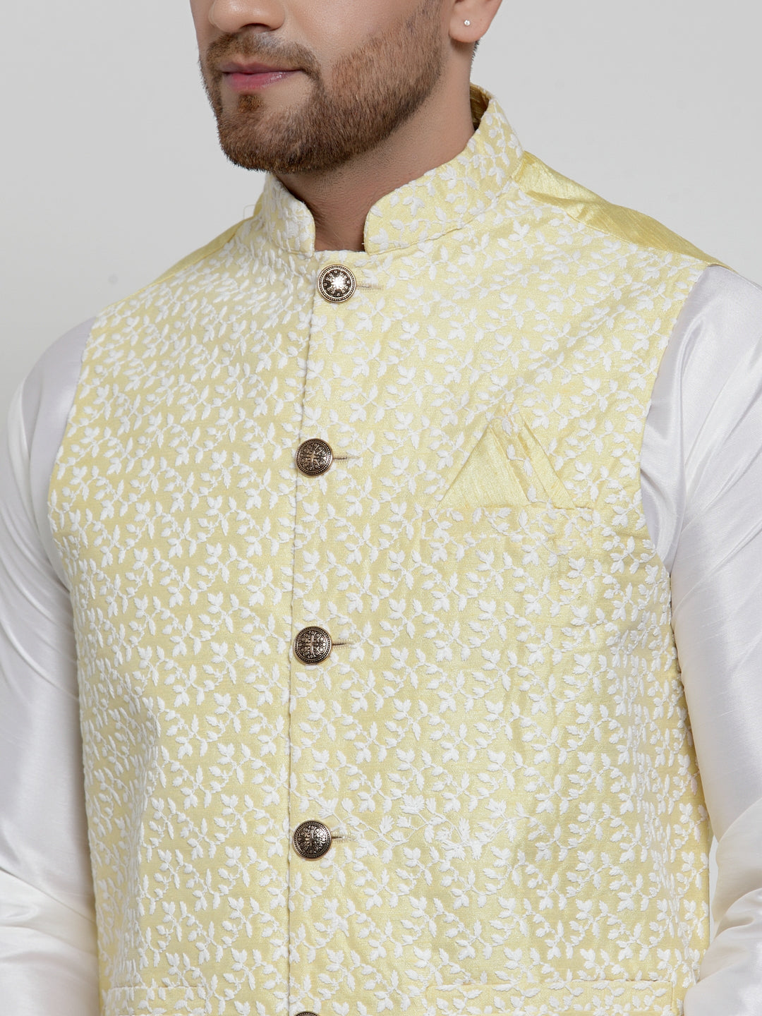 Jompers Men's Solid Dupion Kurta Pajama with Embroidered Nehru Jacket (Yellow) - Distacart