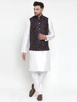Thumbnail for Jompers Men's Solid Dupion Kurta Pajama with Woven Nehru Jacket (Navy) - Distacart