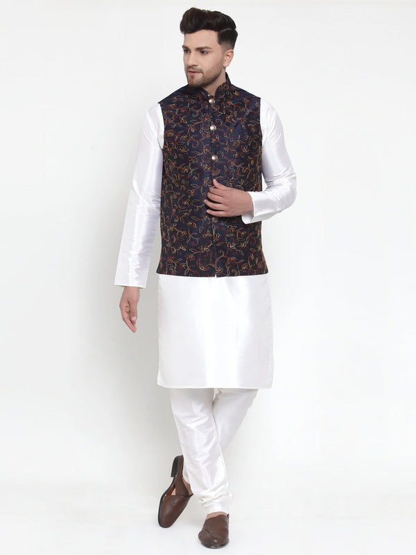 Jompers Men's Solid Dupion Kurta Pajama with Woven Nehru Jacket (Navy) - Distacart