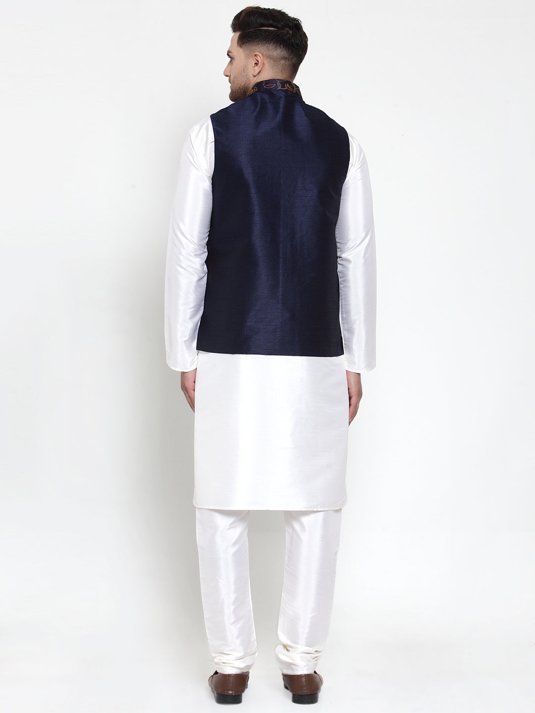 Jompers Men's Solid Dupion Kurta Pajama with Woven Nehru Jacket (Navy) - Distacart