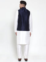 Thumbnail for Jompers Men's Solid Dupion Kurta Pajama with Woven Nehru Jacket (Navy) - Distacart