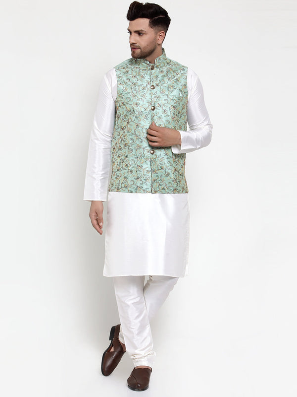 Jompers Men's Solid Dupion Kurta Pajama with Woven Nehru Jacket (Sky) - Distacart