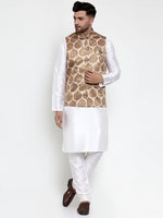 Thumbnail for Jompers Men's Solid Dupion Kurta Pajama with Printed Nehru Jacket (Brown) - Distacart