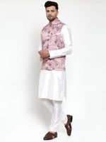 Thumbnail for Jompers Men's Solid Dupion Kurta Pajama with Printed Nehru Jacket (Pink) - Distacart