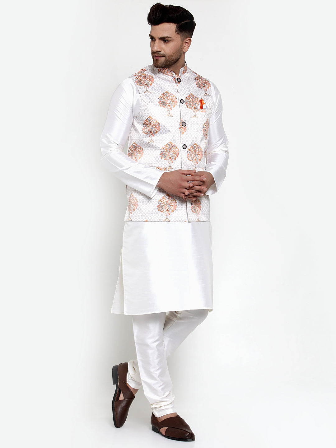 Jompers Men's Solid Dupion Kurta Pajama with Printed Nehru Jacket (White) - Distacart