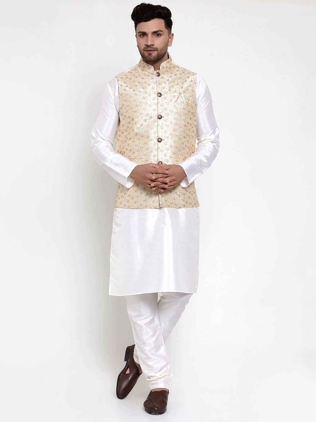 Jompers Men's Solid Dupion Kurta Pajama with Embroidered Nehru Jacket (Cream) - Distacart