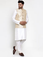 Thumbnail for Jompers Men's Solid Dupion Kurta Pajama with Embroidered Nehru Jacket (Cream) - Distacart