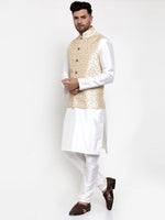 Thumbnail for Jompers Men's Solid Dupion Kurta Pajama with Embroidered Nehru Jacket (Cream) - Distacart