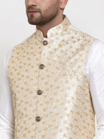 Thumbnail for Jompers Men's Solid Dupion Kurta Pajama with Embroidered Nehru Jacket (Cream) - Distacart