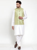 Thumbnail for Jompers Men's Solid Dupion Kurta Pajama with Embroidered Nehru Jacket (Green) - Distacart