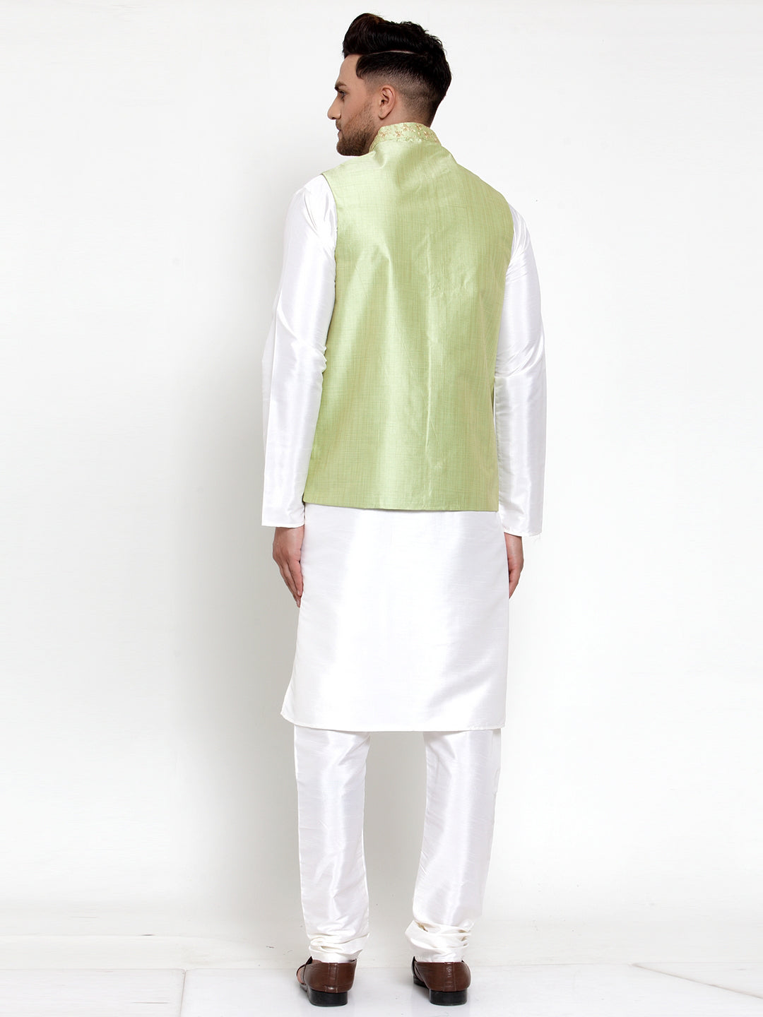 Jompers Men's Solid Dupion Kurta Pajama with Embroidered Nehru Jacket (Green) - Distacart