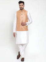 Thumbnail for Jompers Men's Solid Dupion Kurta Pajama with Embroidered Nehru Jacket (Peach) - Distacart
