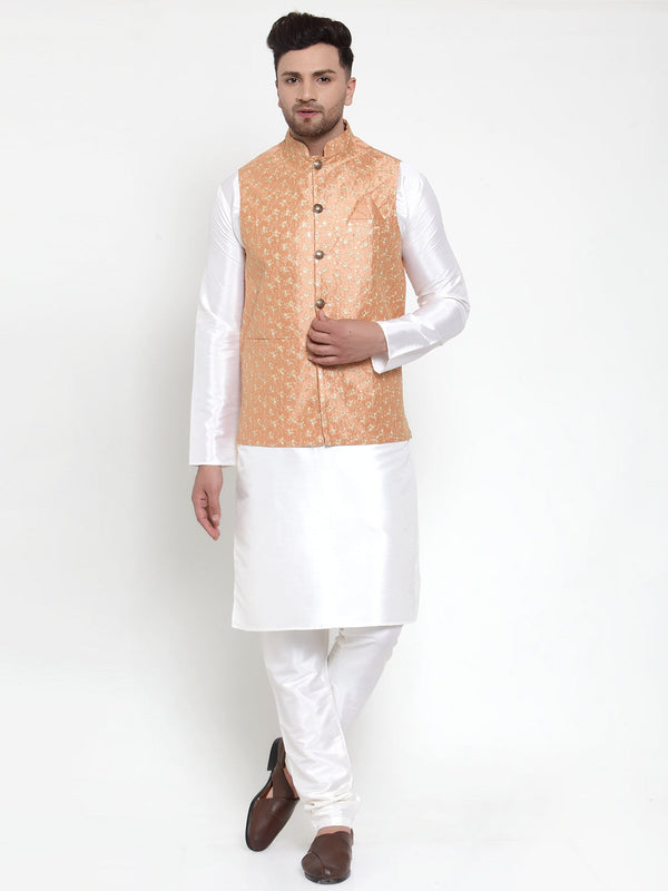 Jompers Men's Solid Dupion Kurta Pajama with Embroidered Nehru Jacket (Peach) - Distacart